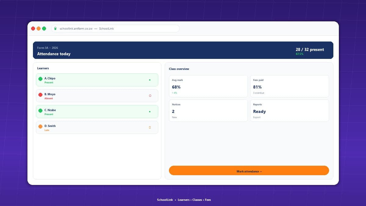 SchoolLink dashboard showing learners, classes and attendance