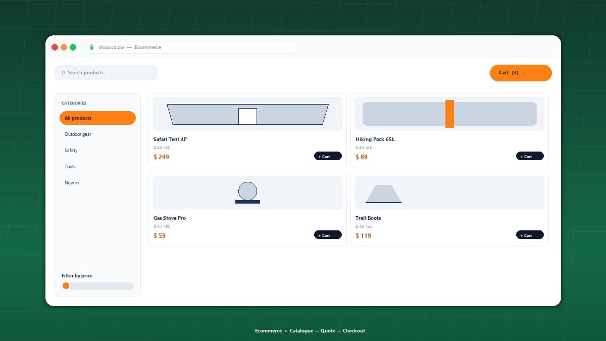 Ecommerce catalogue with categories, product cards and checkout