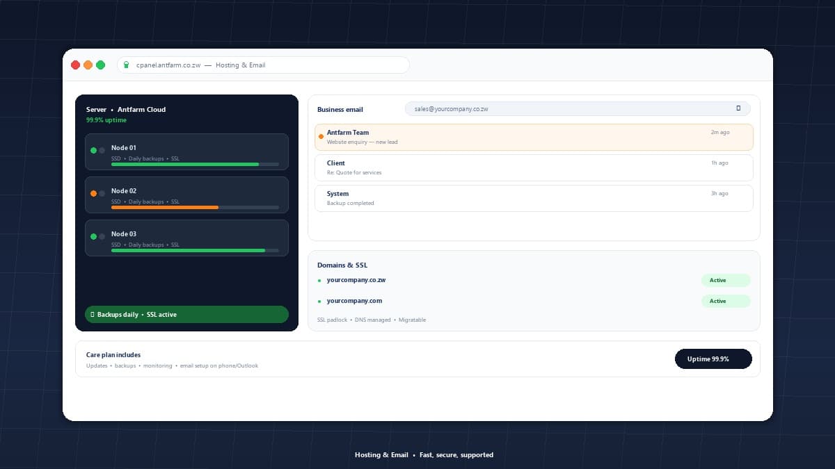 Hosting and business email control panel with uptime and backup indicators