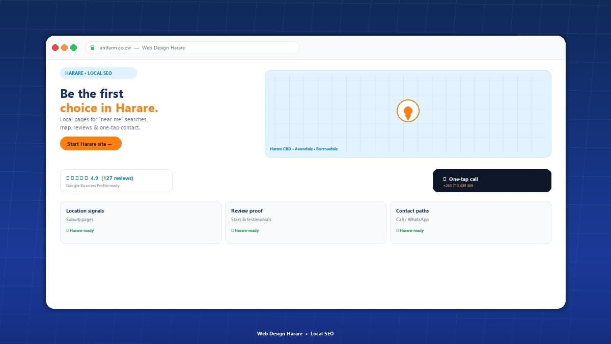 Local Harare business website with map, reviews and location trust signals