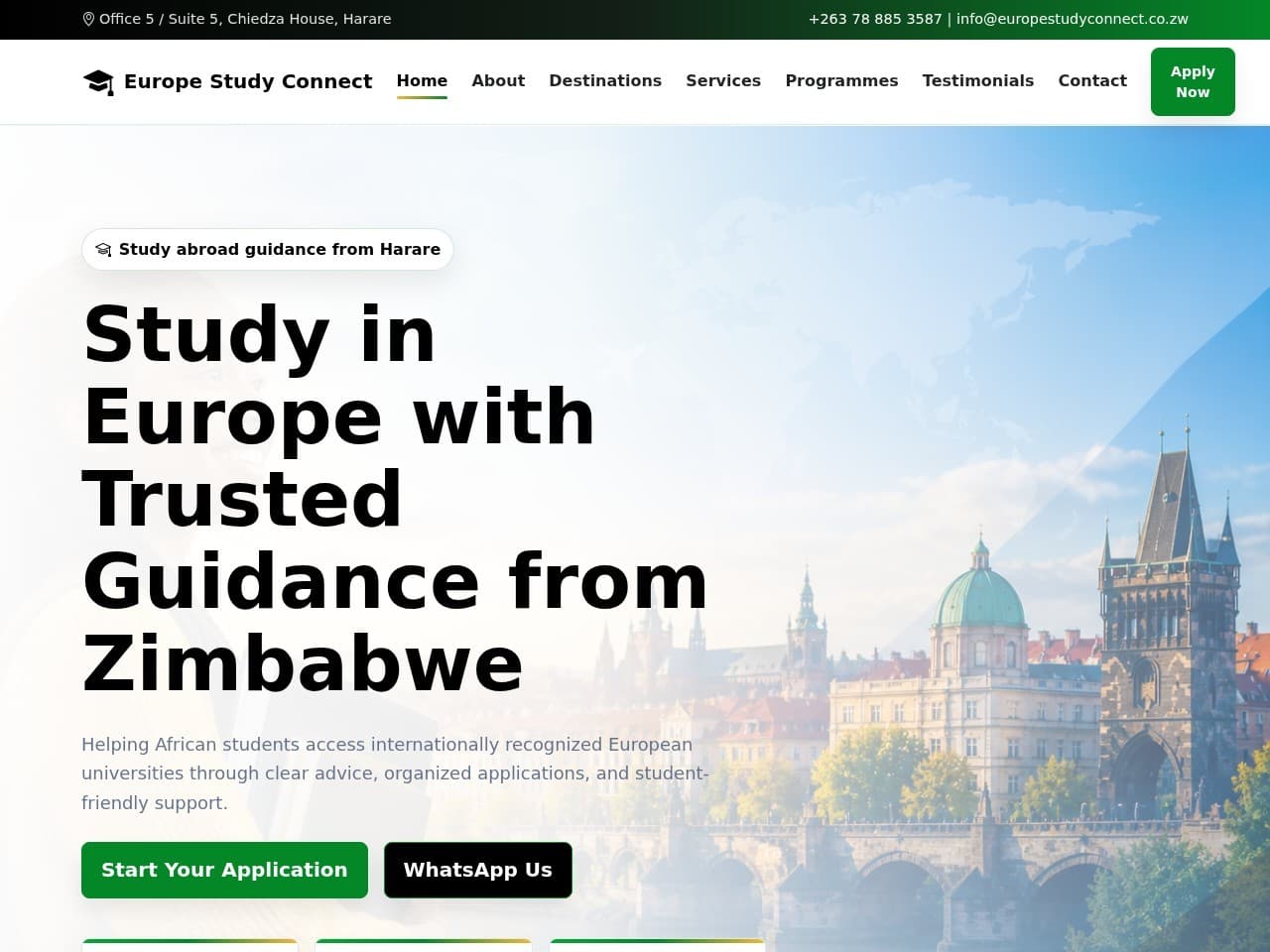 Europe Study Connect homepage — live website screenshot