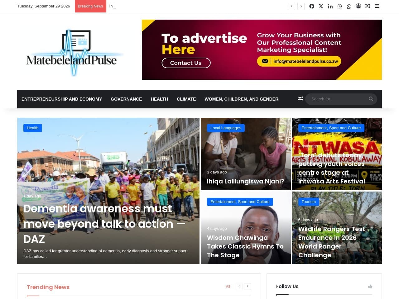 Matebeleland Pulse homepage — live website screenshot
