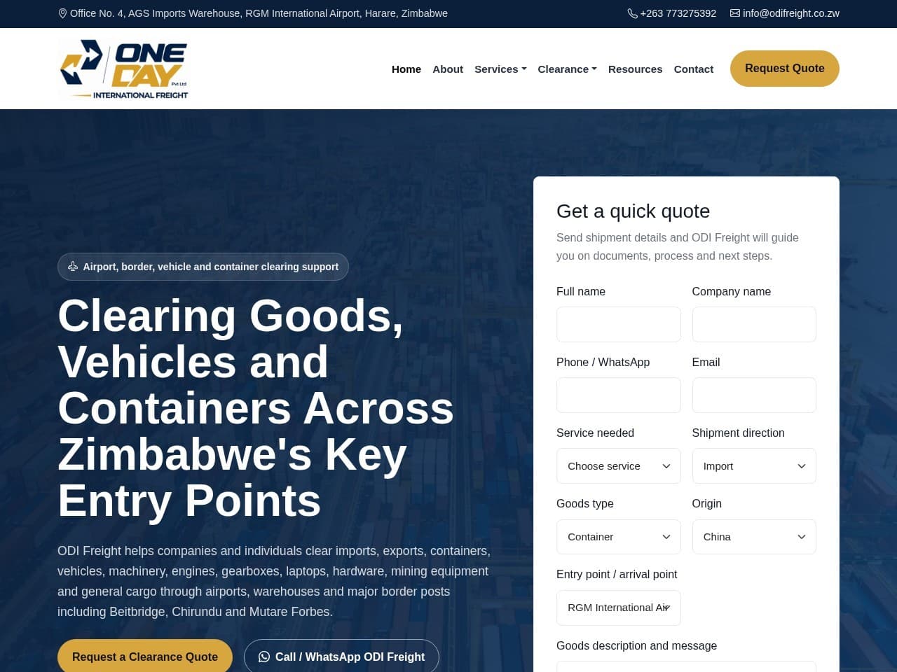 ODI Freight homepage — live website screenshot